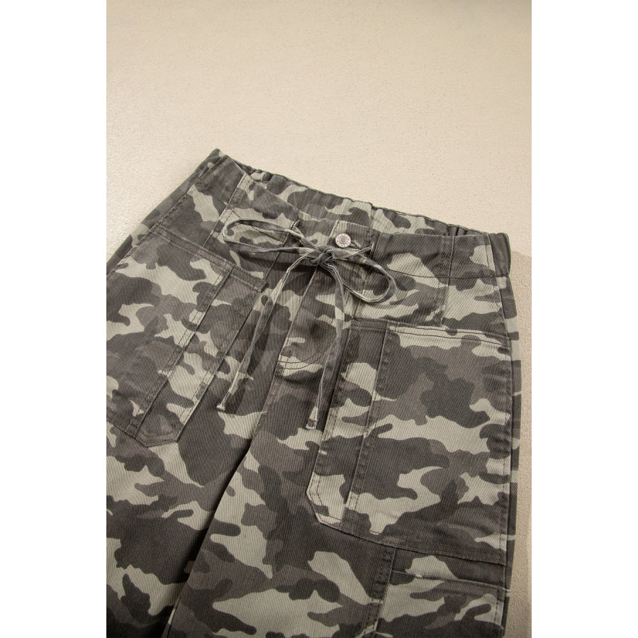 Green Leopard Printed Drawstring Elastic Waistband Pocketed Barrel Jeans Bottoms/Jeans
