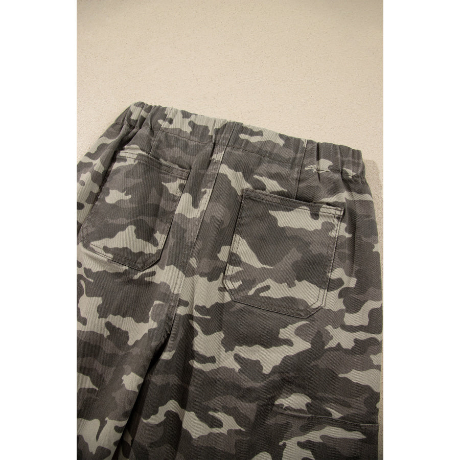 Green Leopard Printed Drawstring Elastic Waistband Pocketed Barrel Jeans Bottoms/Jeans