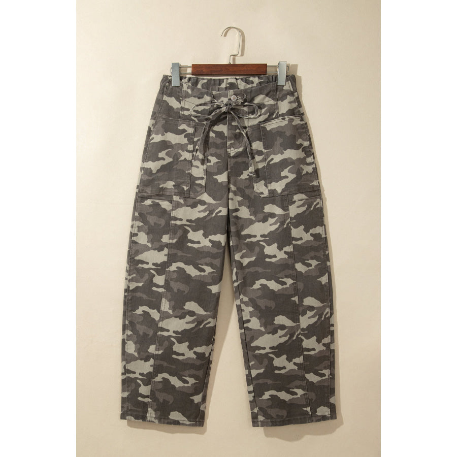 Green Leopard Printed Drawstring Elastic Waistband Pocketed Barrel Jeans Bottoms/Jeans