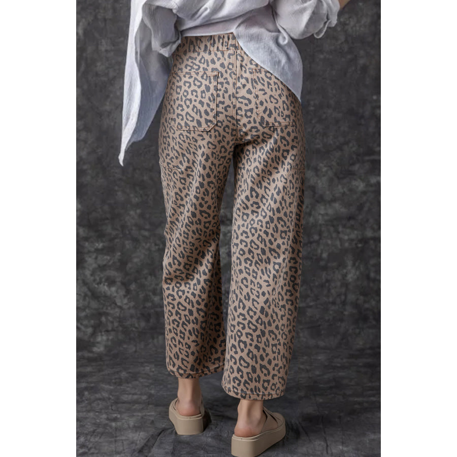 Green Leopard Printed Drawstring Elastic Waistband Pocketed Barrel Jeans Bottoms/Jeans