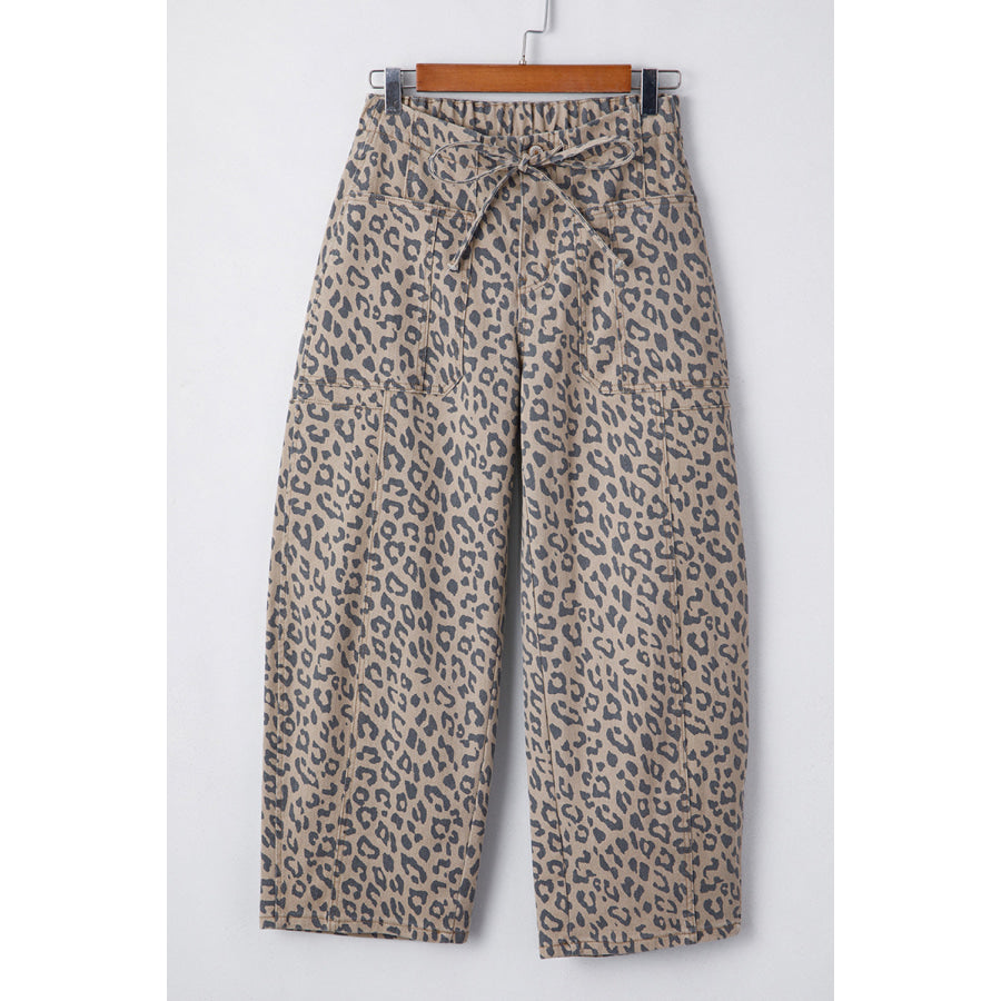 Green Leopard Printed Drawstring Elastic Waistband Pocketed Barrel Jeans Bottoms/Jeans