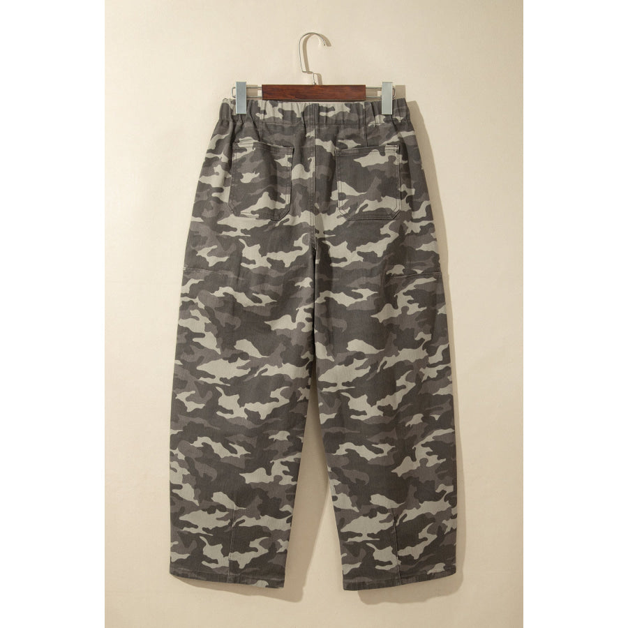 Green Leopard Printed Drawstring Elastic Waistband Pocketed Barrel Jeans Bottoms/Jeans