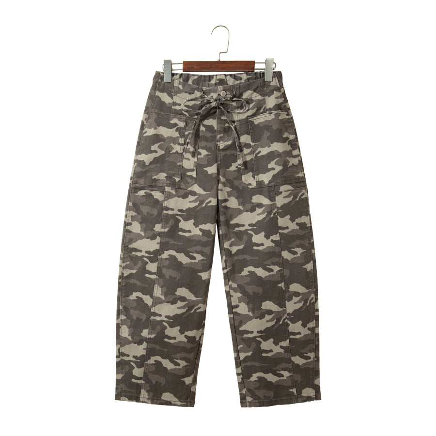 Green Leopard Printed Drawstring Elastic Waistband Pocketed Barrel Jeans Bottoms/Jeans