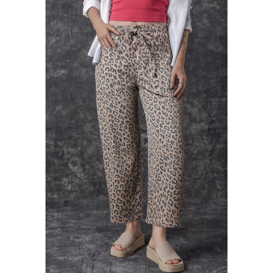 Green Leopard Printed Drawstring Elastic Waistband Pocketed Barrel Jeans Khaki / 6 / 65% Cotton + 33% Polyester + 2% Elastane Bottoms/Jeans