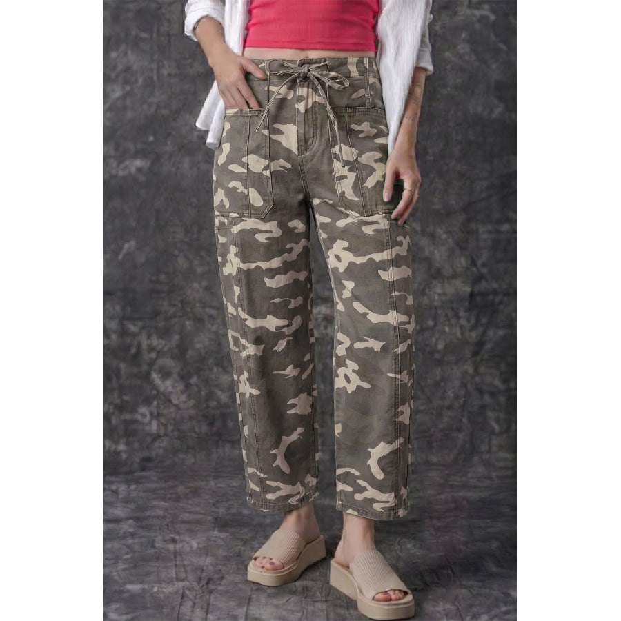 Green Leopard Printed Drawstring Elastic Waistband Pocketed Barrel Jeans Green / S / 65% Cotton + 33% Polyester + 2% Elastane Bottoms/Jeans