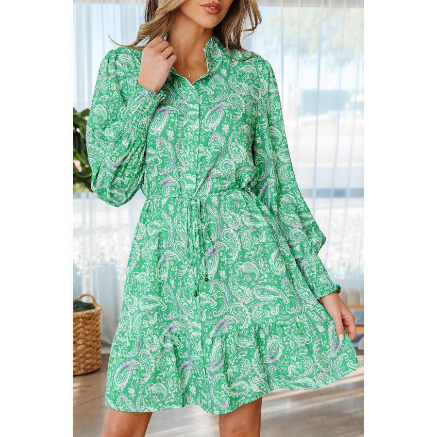 Green Paisley Print Long Sleeve Button Front Tied Waist Mini Dress Dresses/Mini Dresses