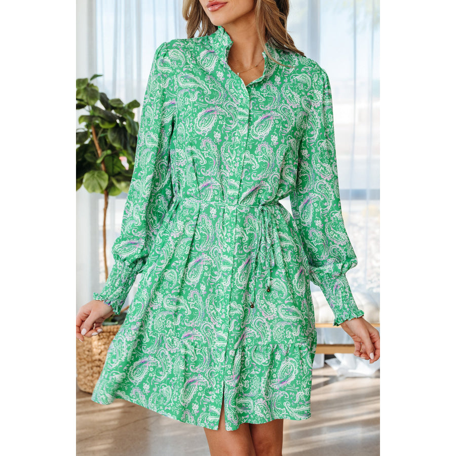 Green Paisley Print Long Sleeve Button Front Tied Waist Mini Dress Dresses/Mini Dresses