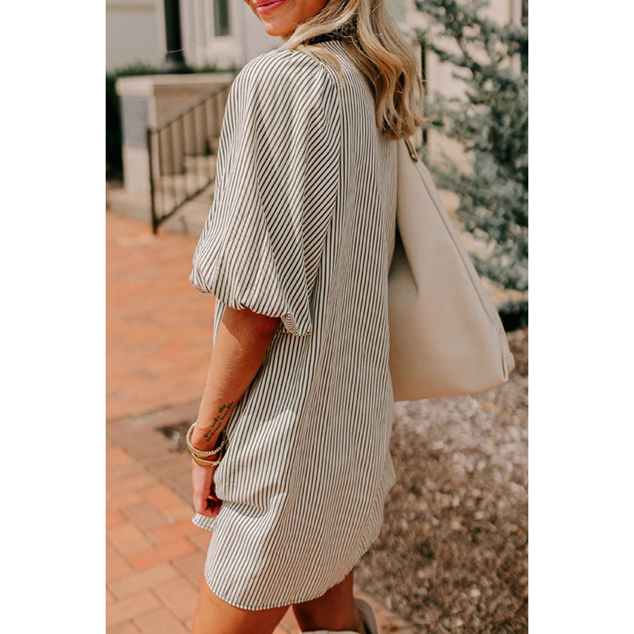 Green Patch Pockets Button Down Short Puff Sleeve Dress Dresses/Mini Dresses
