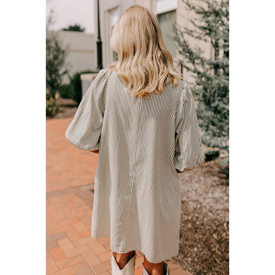Green Patch Pockets Button Down Short Puff Sleeve Dress Dresses/Mini Dresses