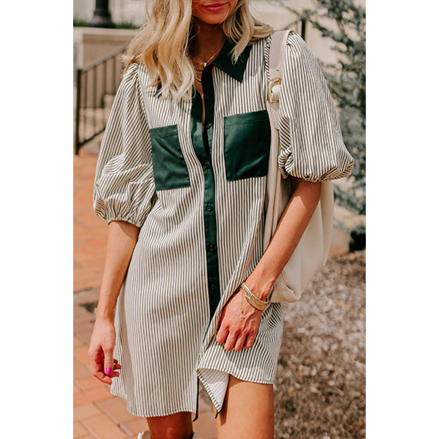Green Patch Pockets Button Down Short Puff Sleeve Dress Green / S / 50% Polyester + 50% Cotton Dresses/Mini Dresses