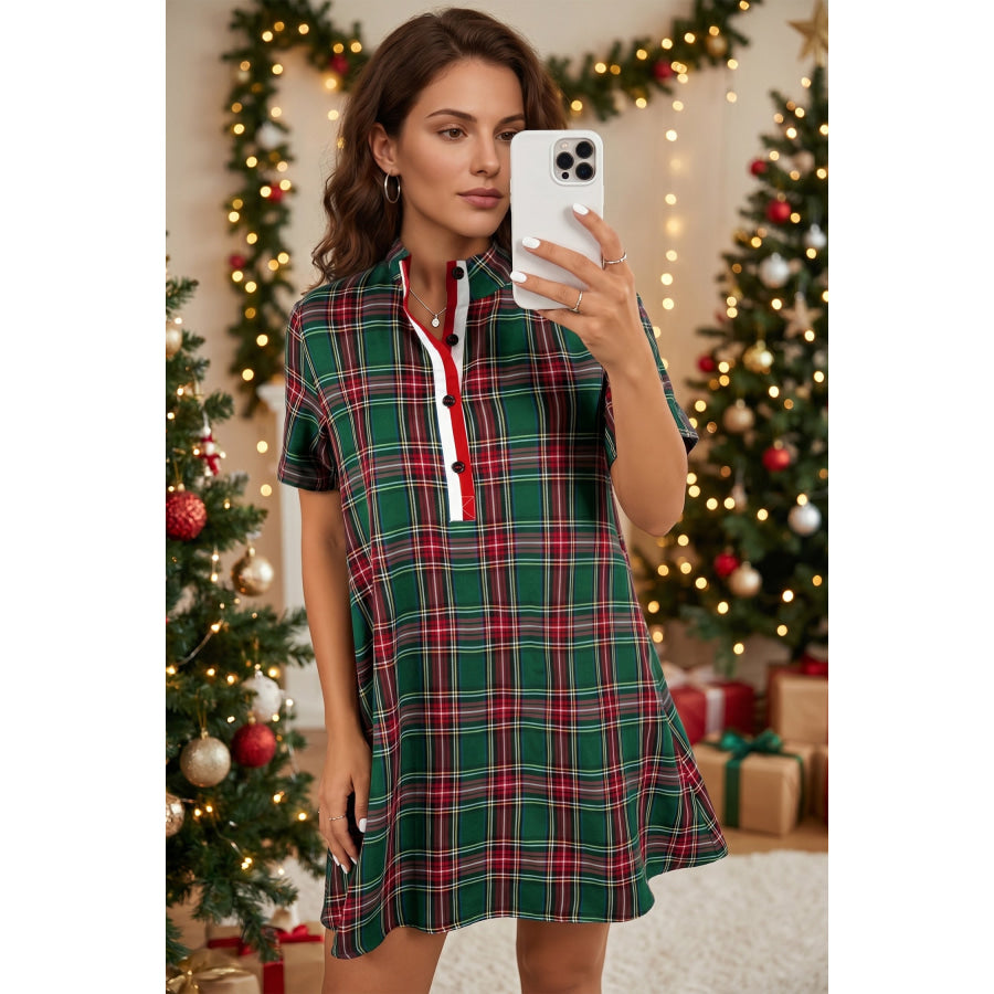 Green Plaid Button Front Short Sleeve Shift Dress Dresses/Mini Dresses