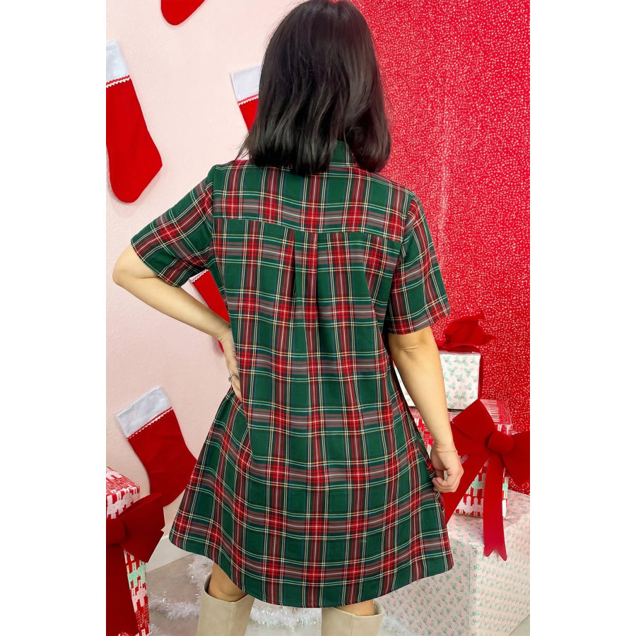 Green Plaid Button Front Short Sleeve Shift Dress Dresses/Mini Dresses
