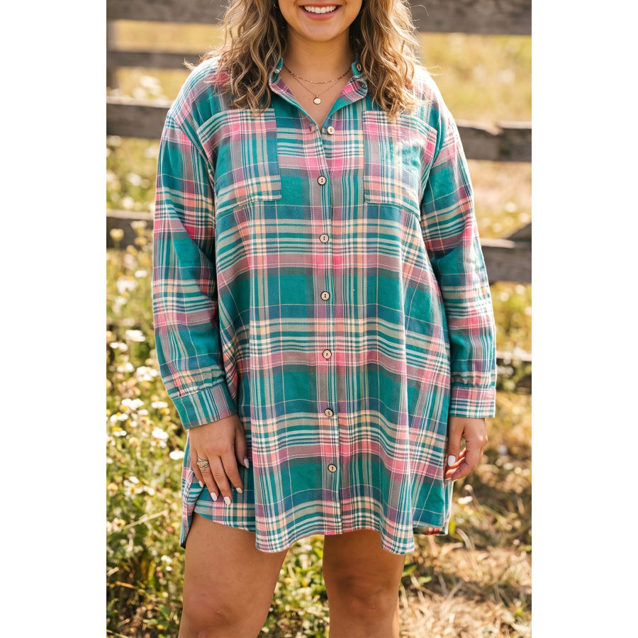 Green Plaid Button-Up Shift Long Sleeve V Neck Plus Size Dress Green / 1X / 100% Cotton Plus Size/Plus Size Dresses/Plus Size Mini Dresses