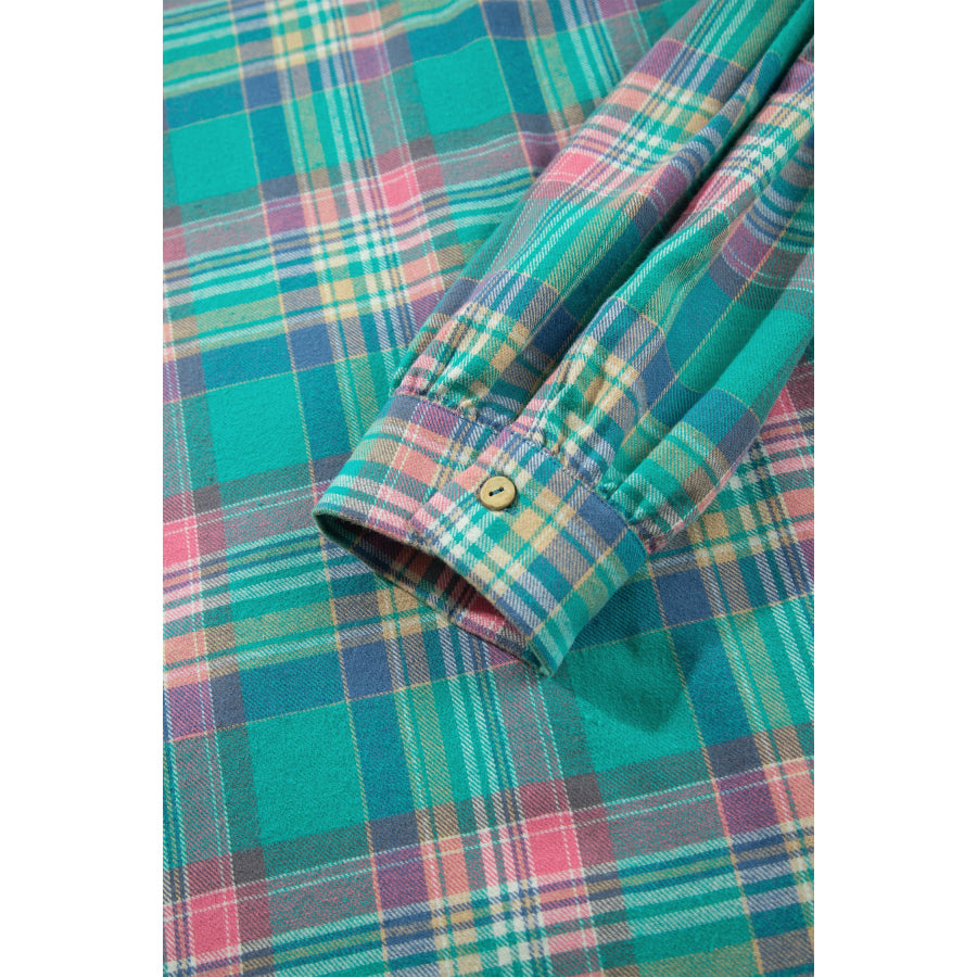 Green Plaid Button-Up Shift Long Sleeve V Neck Plus Size Dress Plus Size/Plus Size Dresses/Plus Size Mini Dresses