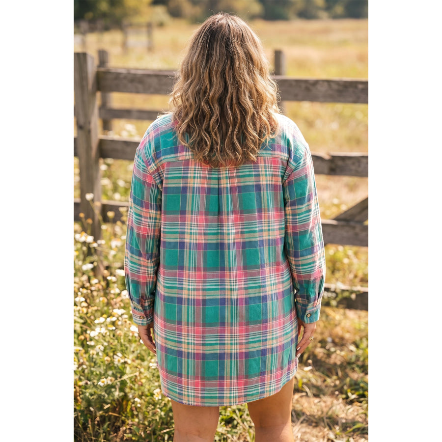 Green Plaid Button-Up Shift Long Sleeve V Neck Plus Size Dress Green / 1X / 100% Cotton Plus Size/Plus Size Dresses/Plus Size Mini Dresses