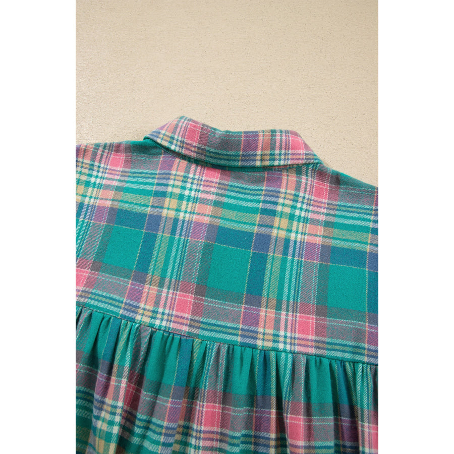 Green Plaid Button-Up Shift Long Sleeve V Neck Plus Size Dress Plus Size/Plus Size Dresses/Plus Size Mini Dresses
