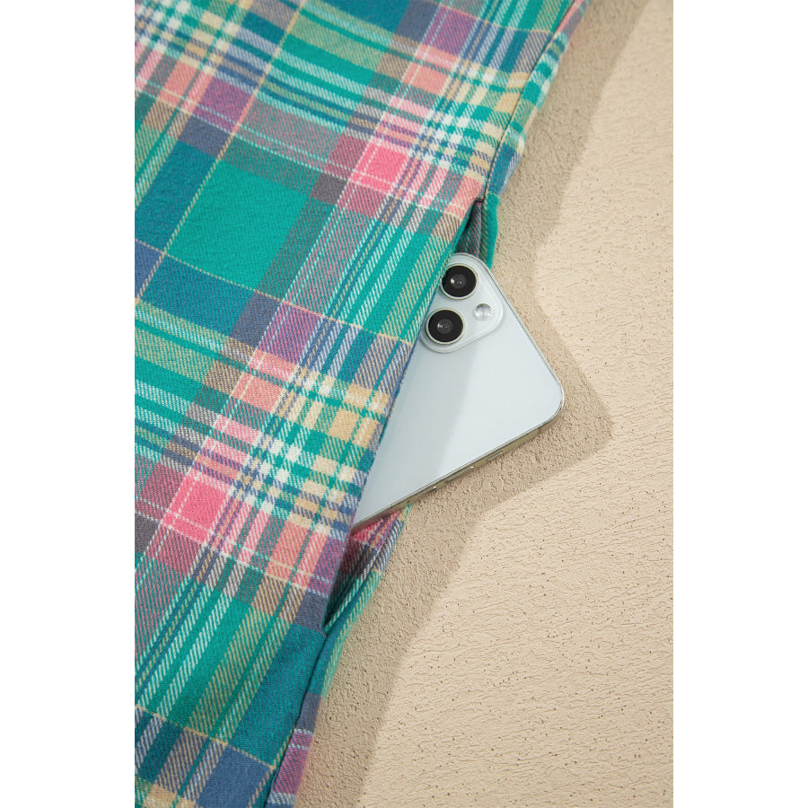 Green Plaid Button-Up Shift Long Sleeve V Neck Plus Size Dress Plus Size/Plus Size Dresses/Plus Size Mini Dresses