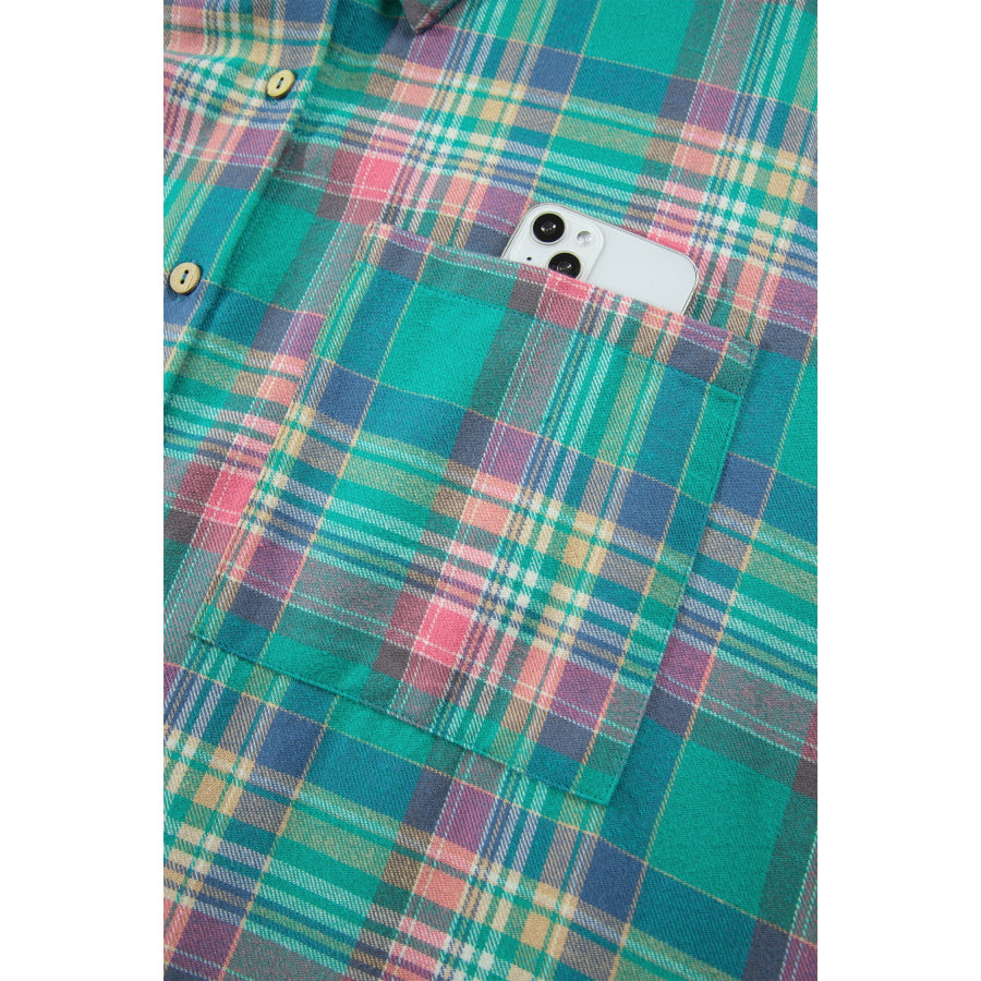 Green Plaid Button-Up Shift Long Sleeve V Neck Plus Size Dress Plus Size/Plus Size Dresses/Plus Size Mini Dresses