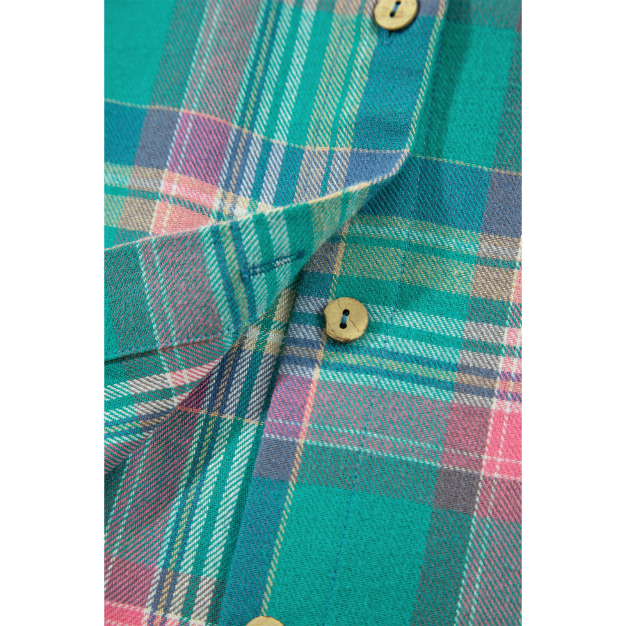Green Plaid Button-Up Shift Long Sleeve V Neck Plus Size Dress Plus Size/Plus Size Dresses/Plus Size Mini Dresses