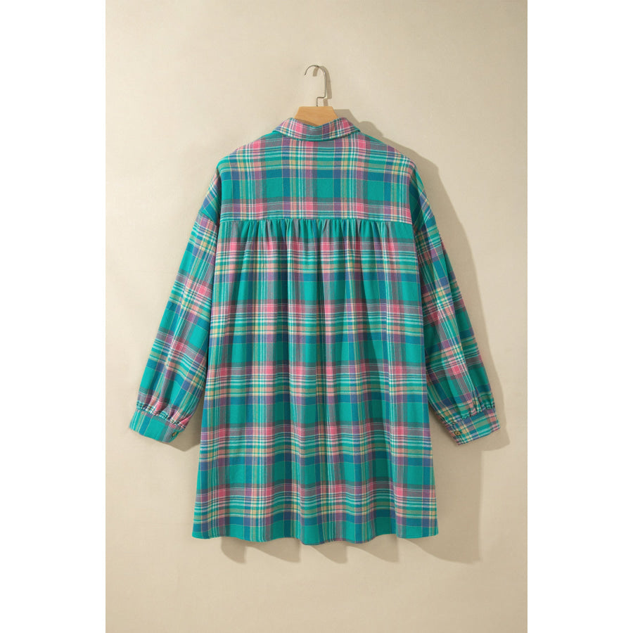 Green Plaid Button-Up Shift Long Sleeve V Neck Plus Size Dress Plus Size/Plus Size Dresses/Plus Size Mini Dresses
