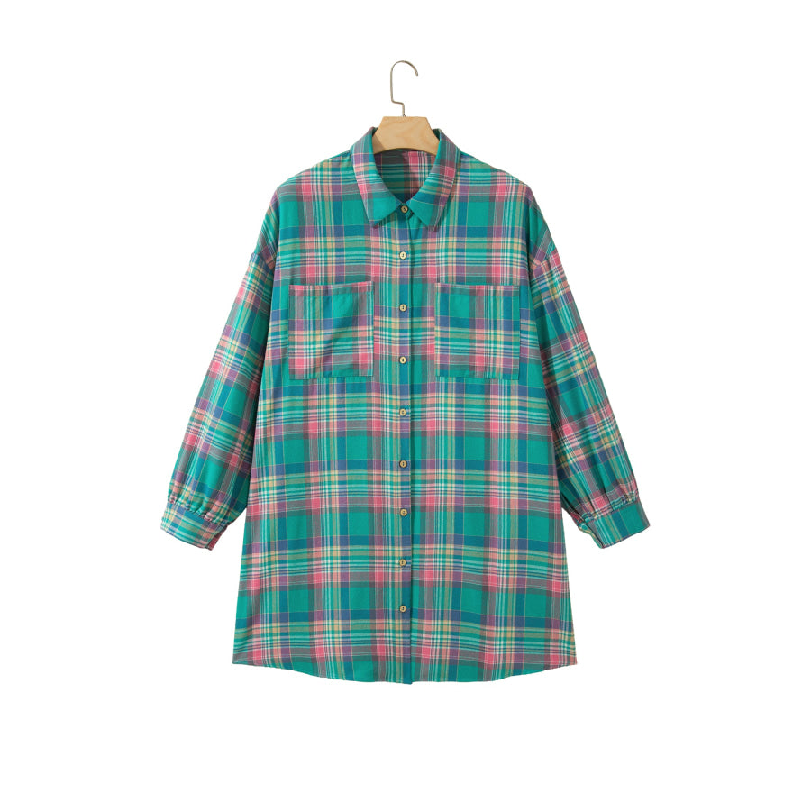 Green Plaid Button-Up Shift Long Sleeve V Neck Plus Size Dress Plus Size/Plus Size Dresses/Plus Size Mini Dresses