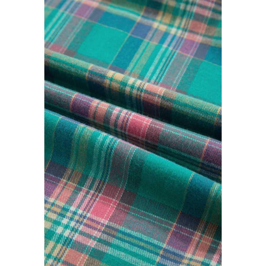 Green Plaid Button-Up Shift Long Sleeve V Neck Plus Size Dress Plus Size/Plus Size Dresses/Plus Size Mini Dresses