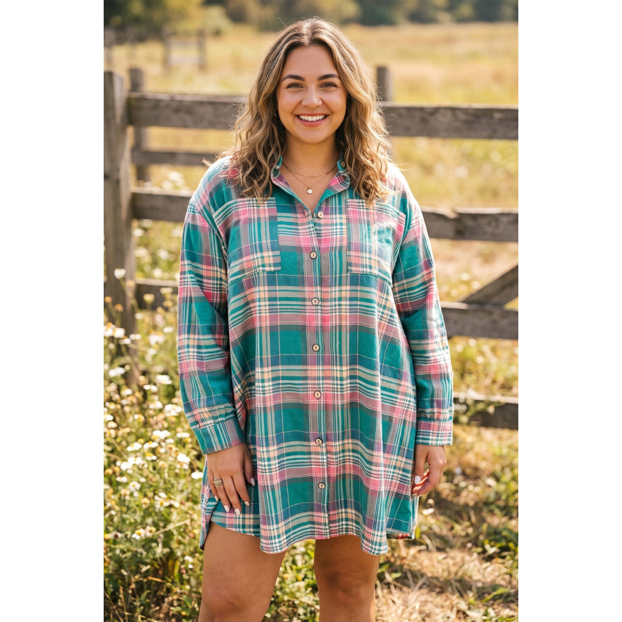 Green Plaid Button-Up Shift Long Sleeve V Neck Plus Size Dress Plus Size/Plus Size Dresses/Plus Size Mini Dresses