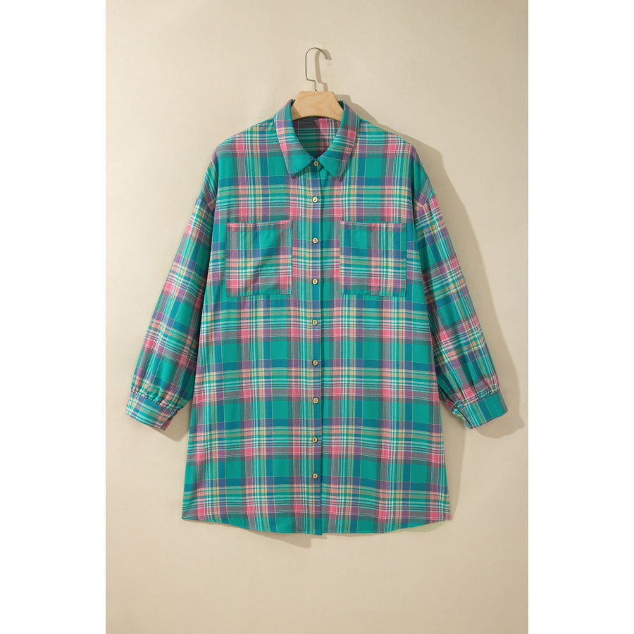 Green Plaid Button-Up Shift Long Sleeve V Neck Plus Size Dress Plus Size/Plus Size Dresses/Plus Size Mini Dresses