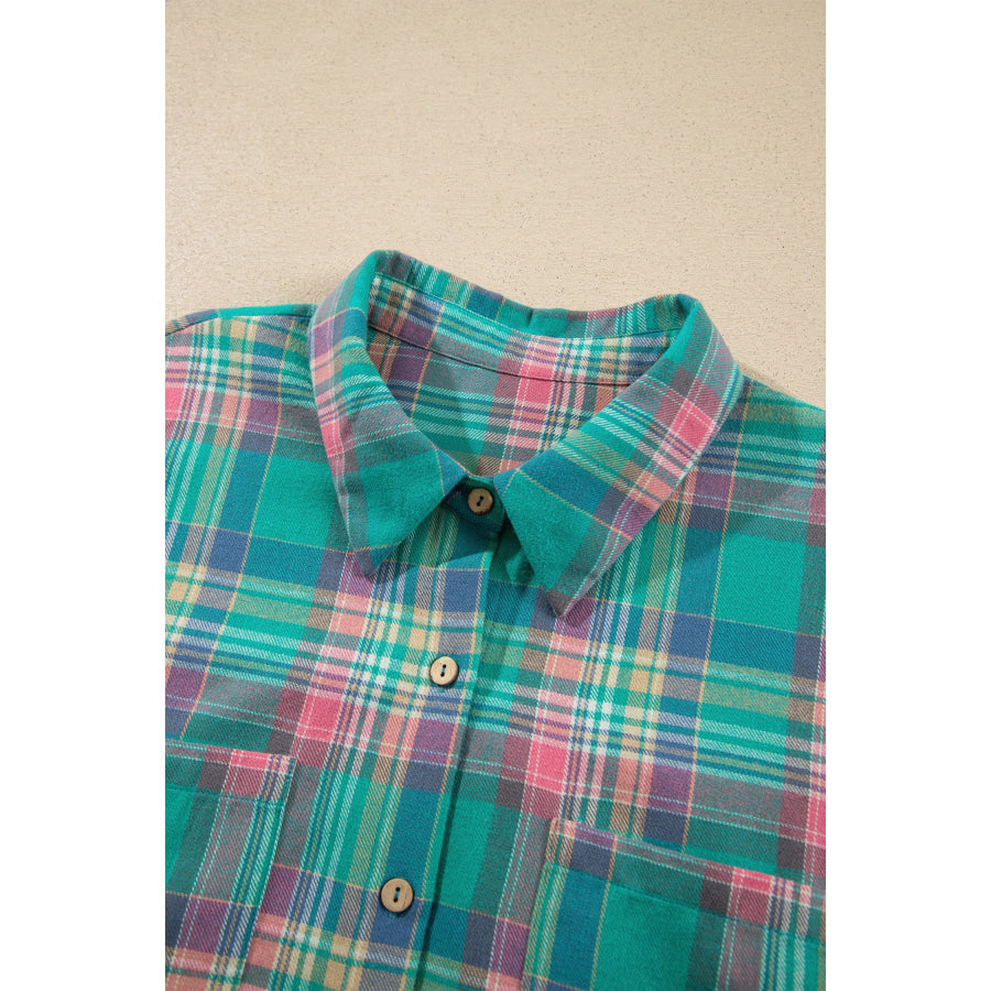 Green Plaid Button-Up Shift Long Sleeve V Neck Plus Size Dress Plus Size/Plus Size Dresses/Plus Size Mini Dresses