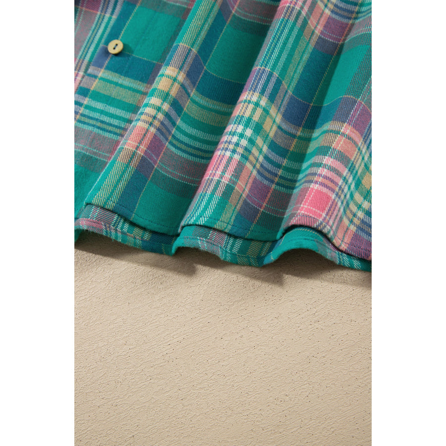 Green Plaid Button-Up Shift Long Sleeve V Neck Plus Size Dress Plus Size/Plus Size Dresses/Plus Size Mini Dresses