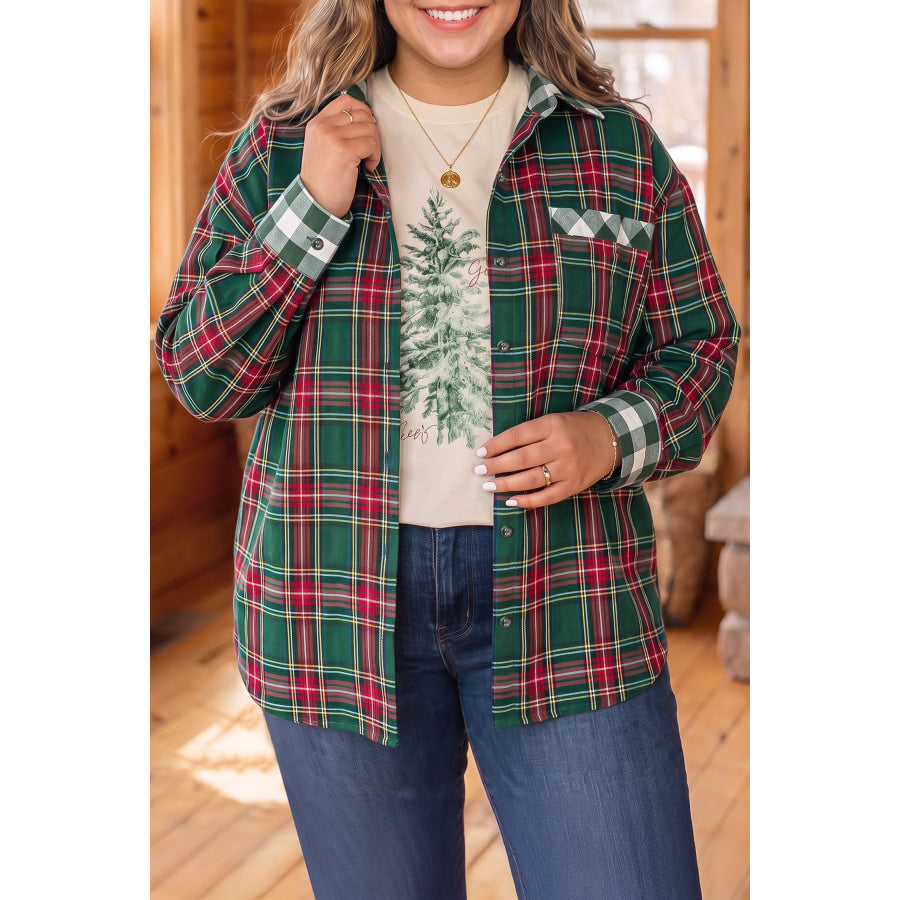 Green Plaid Long Sleeve Shift Plus Size Shirt / 1X / 75% Polyester + 25% Cotton Size/Plus Tops/Plus Blouses & Shirts