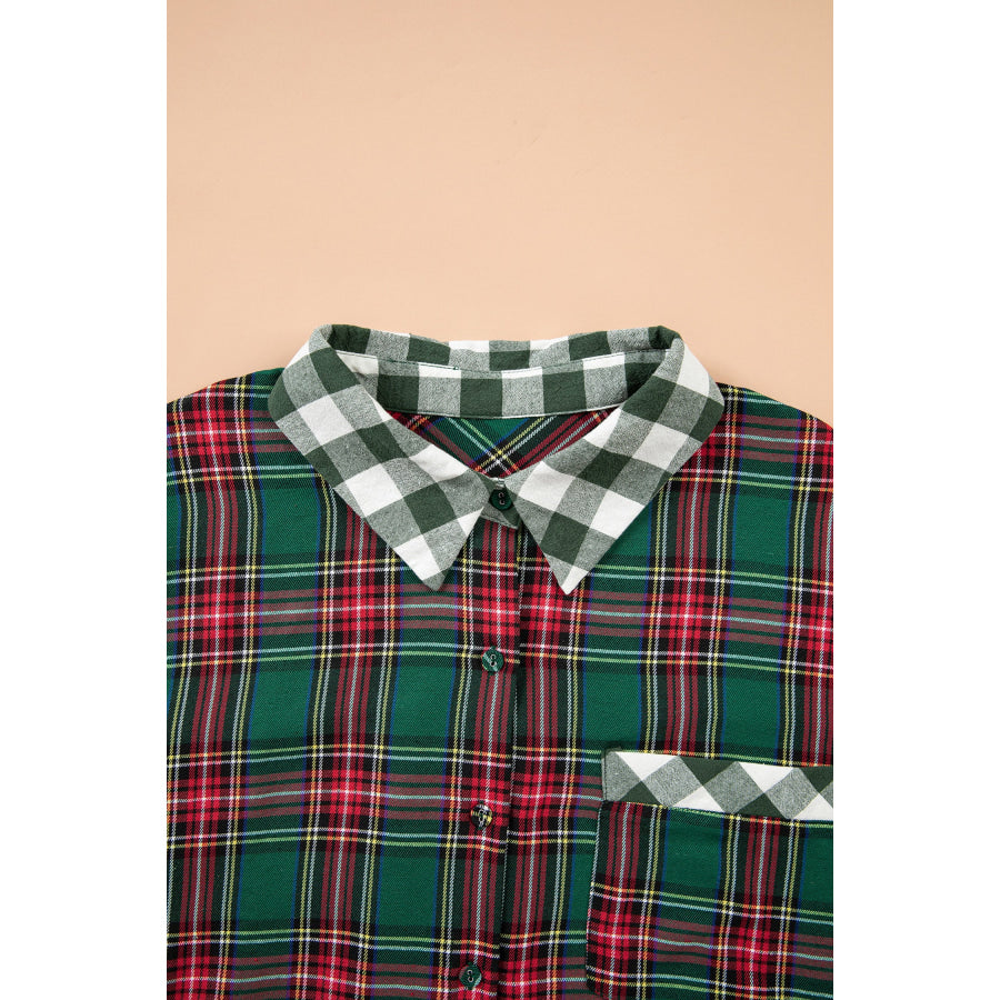 Green Plaid Long Sleeve Shift Plus Size Shirt Size/Plus Tops/Plus Blouses & Shirts