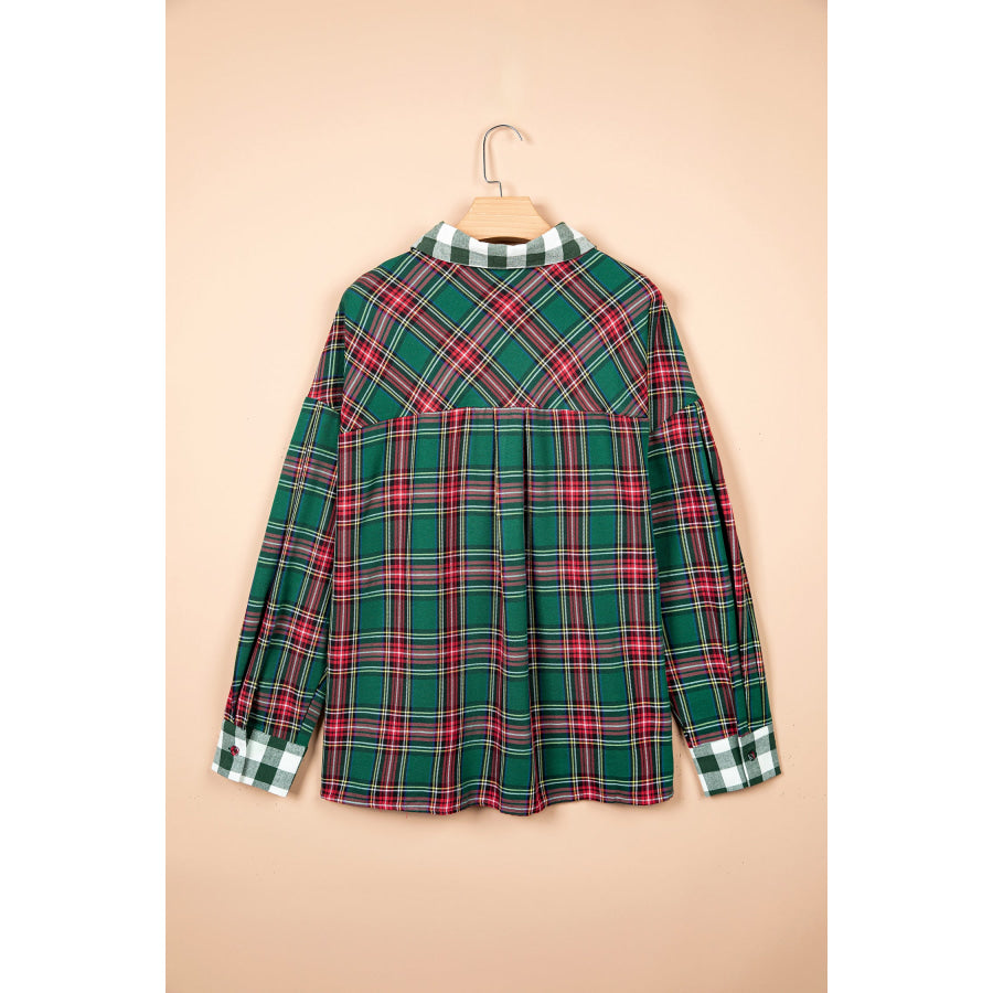 Green Plaid Long Sleeve Shift Plus Size Shirt Size/Plus Tops/Plus Blouses & Shirts
