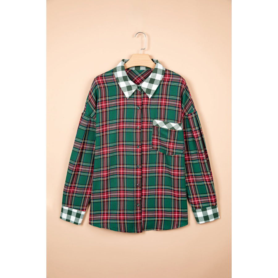 Green Plaid Long Sleeve Shift Plus Size Shirt Size/Plus Tops/Plus Blouses & Shirts