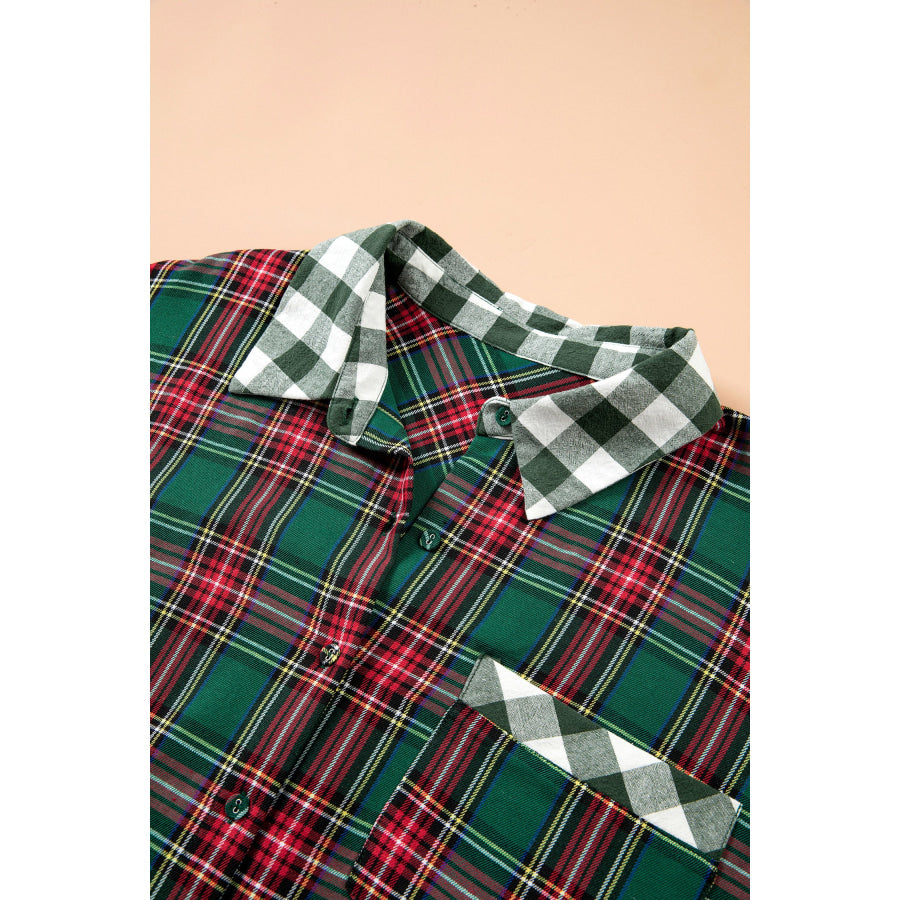 Green Plaid Long Sleeve Shift Plus Size Shirt Size/Plus Tops/Plus Blouses & Shirts