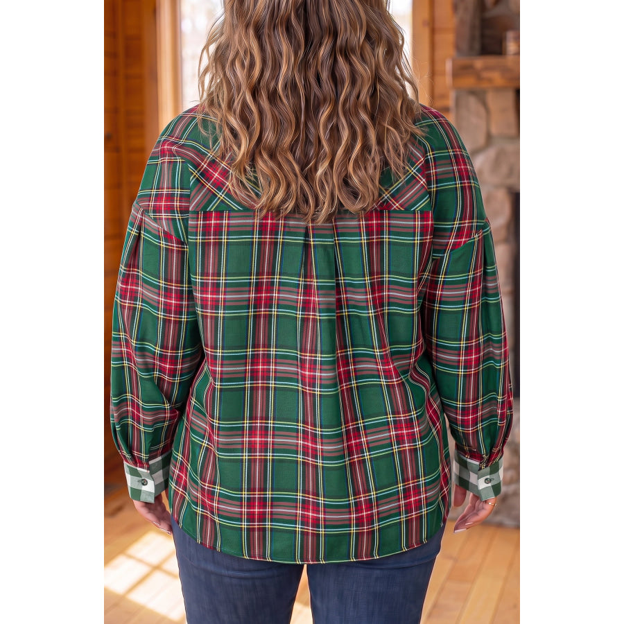 Green Plaid Long Sleeve Shift Plus Size Shirt Size/Plus Tops/Plus Blouses & Shirts