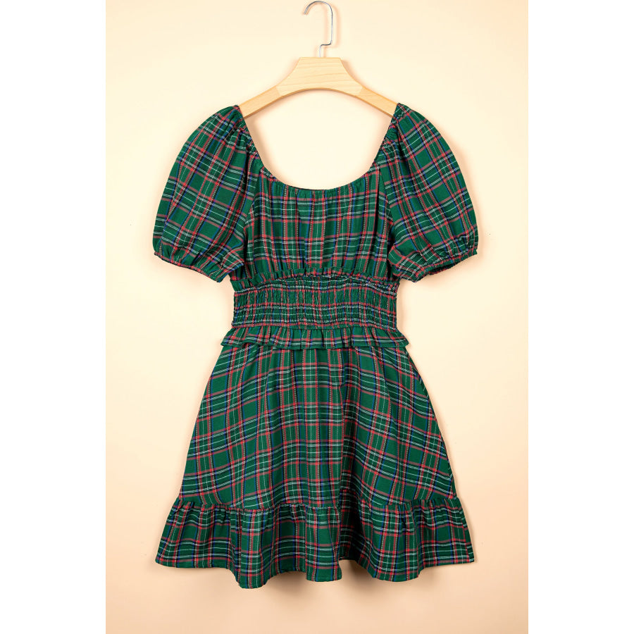 Green Plaid Shirred U Neck Short Sleeve Mini Dress Dresses/Mini Dresses