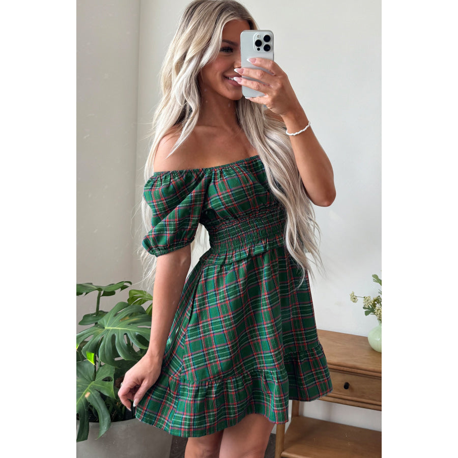 Green Plaid Shirred U Neck Short Sleeve Mini Dress Dresses/Mini Dresses