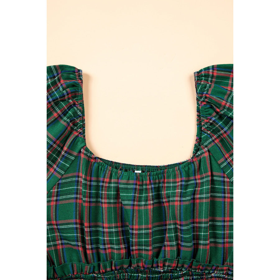 Green Plaid Shirred U Neck Short Sleeve Mini Dress Dresses/Mini Dresses