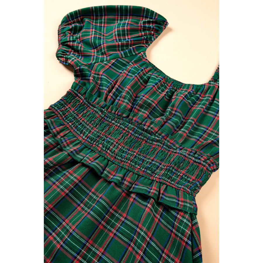 Green Plaid Shirred U Neck Short Sleeve Mini Dress Dresses/Mini Dresses