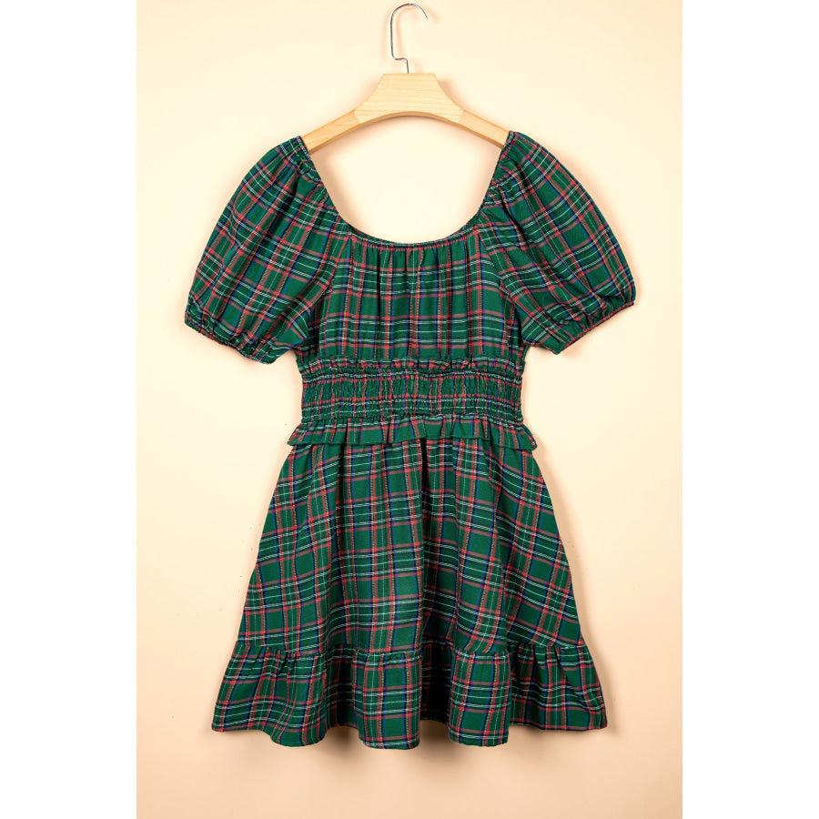 Green Plaid Shirred U Neck Short Sleeve Mini Dress Dresses/Mini Dresses