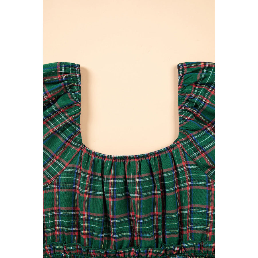 Green Plaid Shirred U Neck Short Sleeve Mini Dress Dresses/Mini Dresses