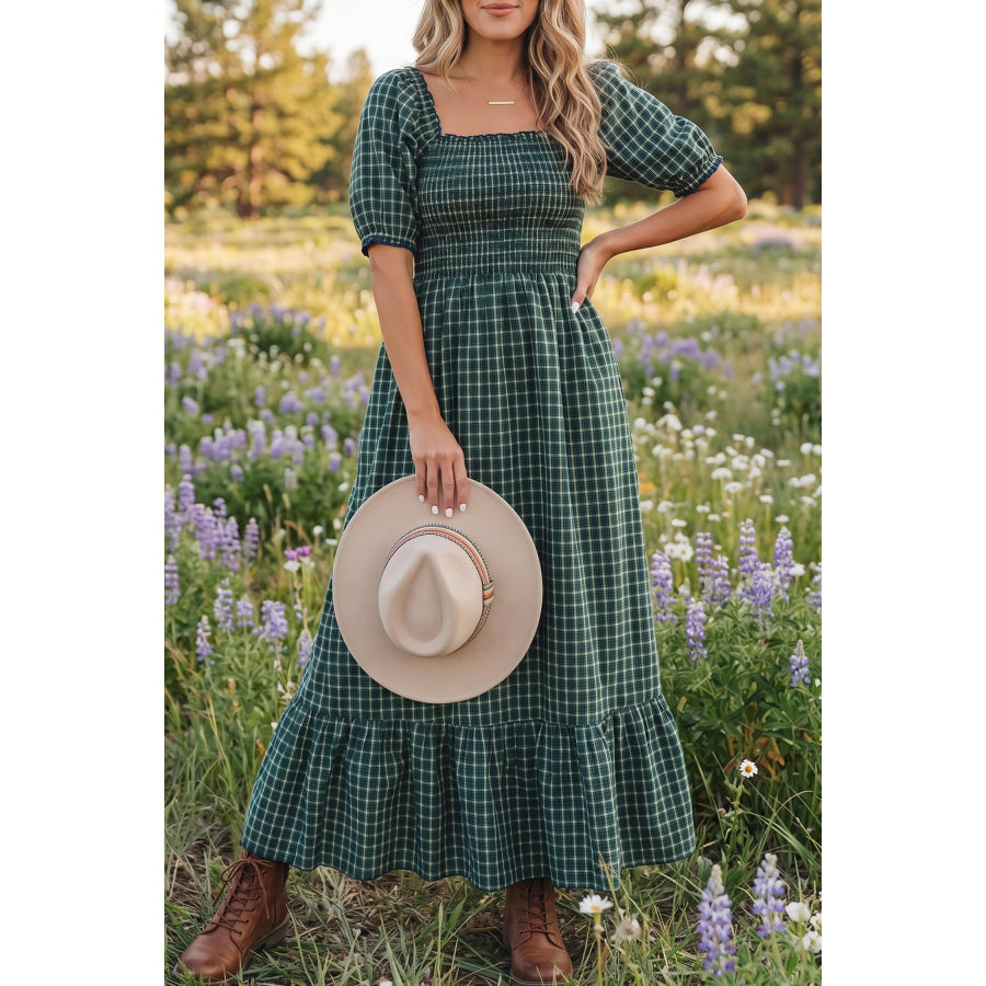 Green Plaid Square Neck Shirred High Waist Ruffle Hem Dress Dresses/Maxi Dresses