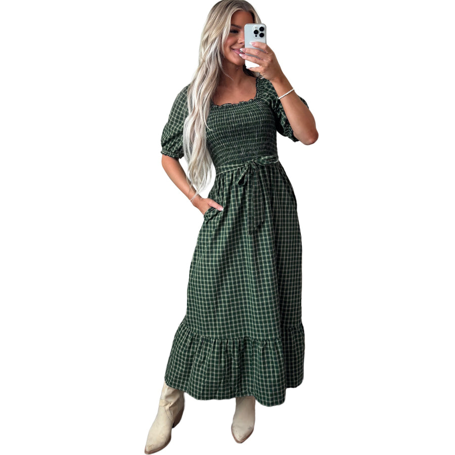 Green Plaid Square Neck Shirred High Waist Ruffle Hem Dress Dresses/Maxi Dresses