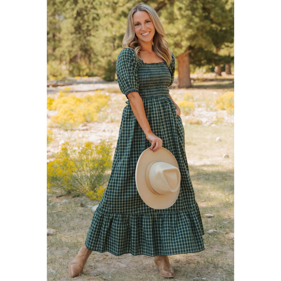 Green Plaid Square Neck Shirred High Waist Ruffle Hem Dress Dresses/Maxi Dresses