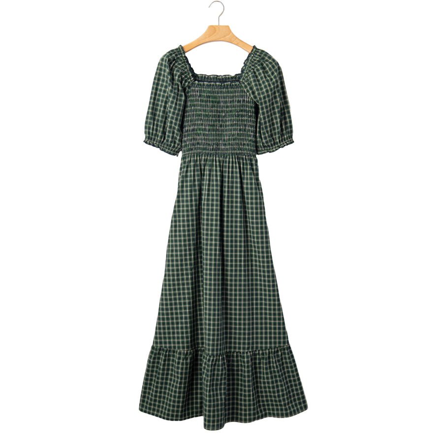 Green Plaid Square Neck Shirred High Waist Ruffle Hem Dress Dresses/Maxi Dresses