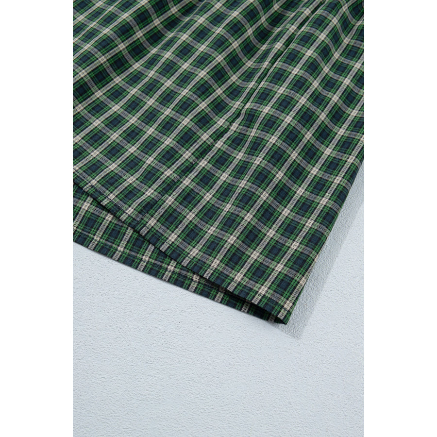 Green Plaid Square Neck Shirred High Waist Ruffle Hem Dress Dresses/Maxi Dresses