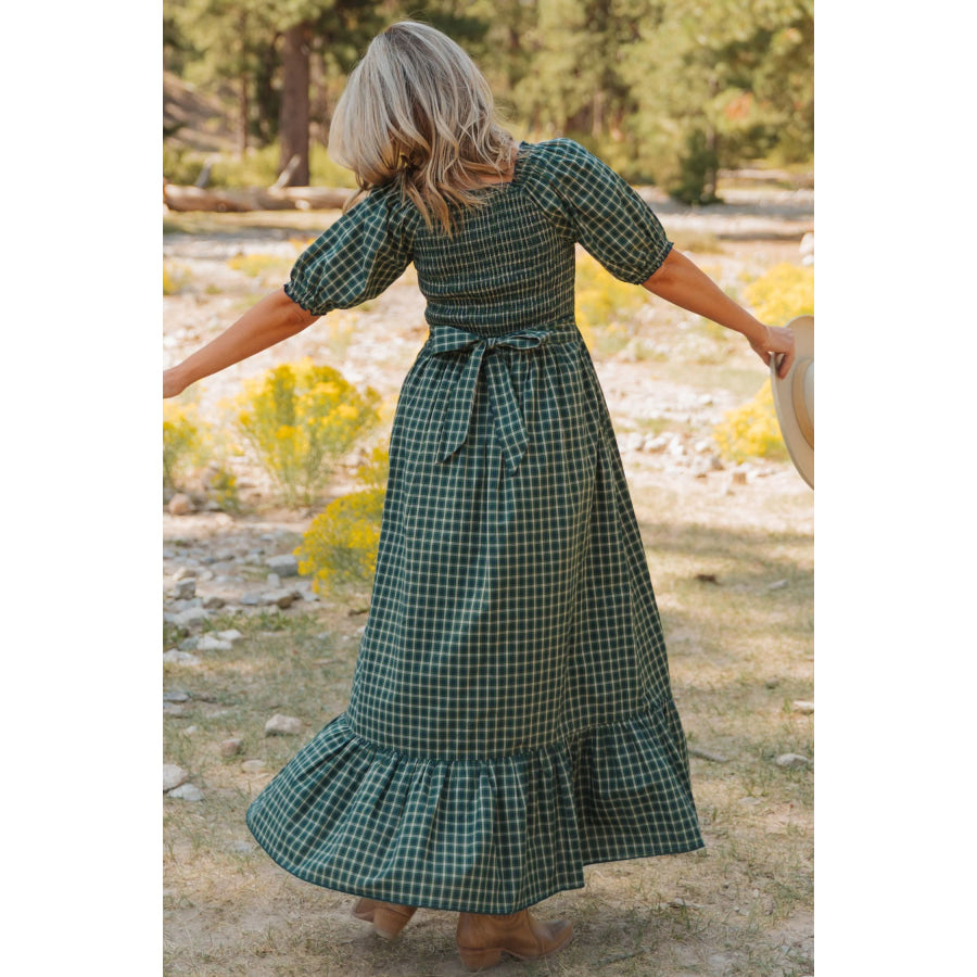 Green Plaid Square Neck Shirred High Waist Ruffle Hem Dress Dresses/Maxi Dresses