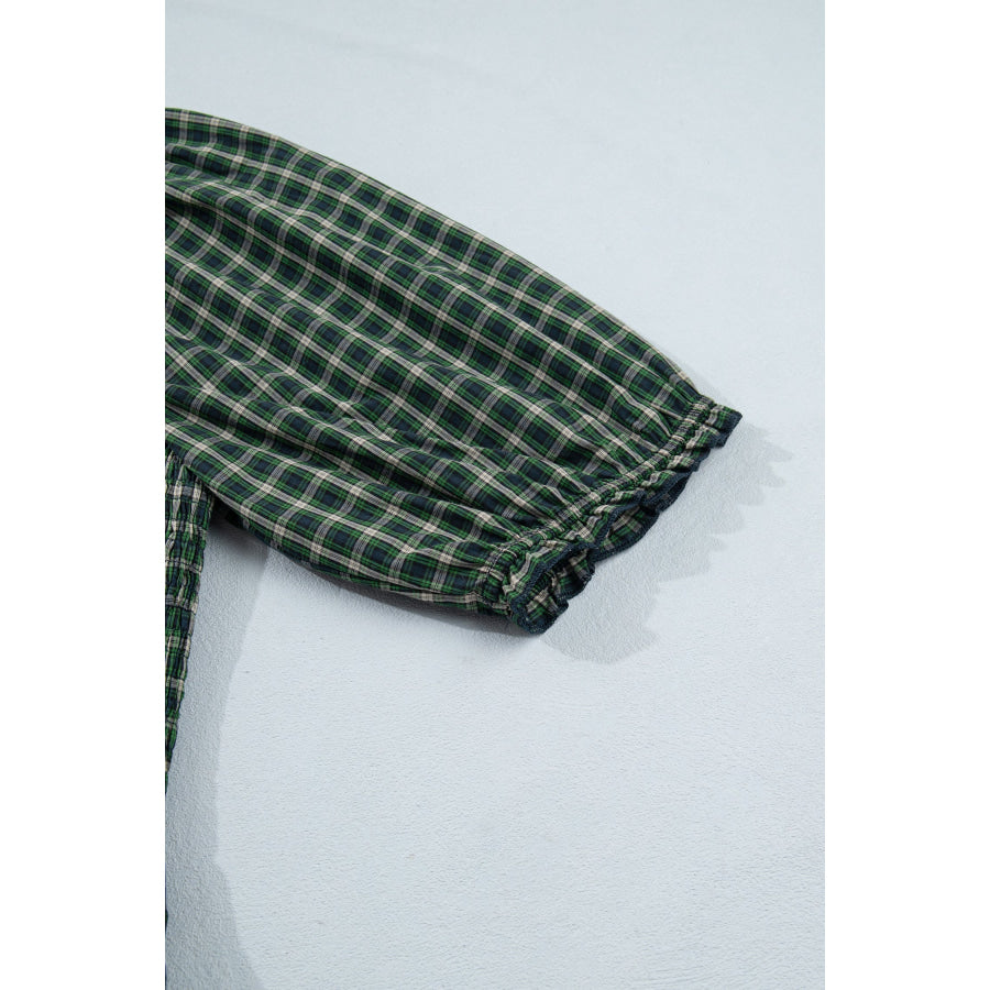 Green Plaid Square Neck Shirred High Waist Ruffle Hem Dress Dresses/Maxi Dresses