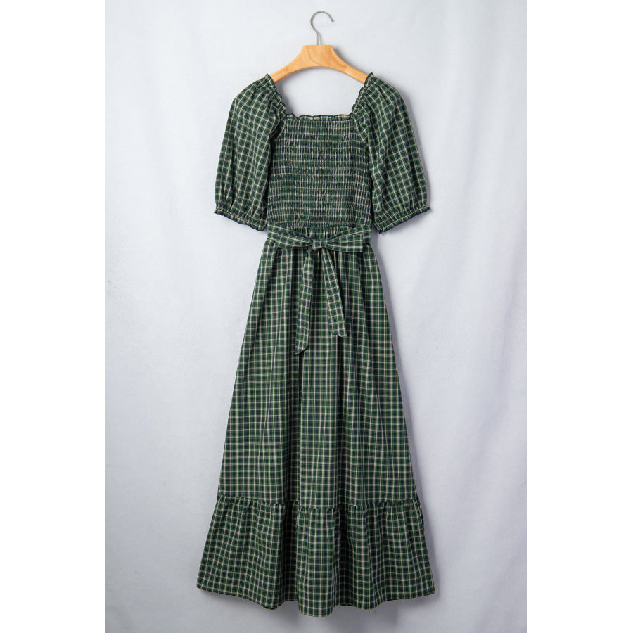 Green Plaid Square Neck Shirred High Waist Ruffle Hem Dress Dresses/Maxi Dresses